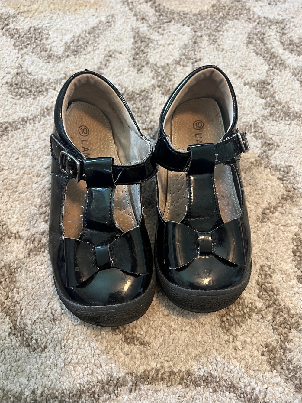 L'Amour Black Patent T‑Strap Mary Jane Shoes with Bow